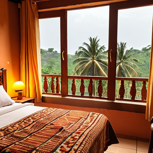 Home 4 **Prompt:** Cozy hotel room in Guinea, West Africa. Comfortable bed, window view, warm lighting, local crafts. Budget-friendly.