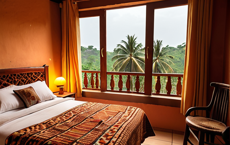 **Prompt:** Cozy hotel room in Guinea, West Africa. Comfortable bed, window view, warm lighting, local crafts. Budget-friendly.
