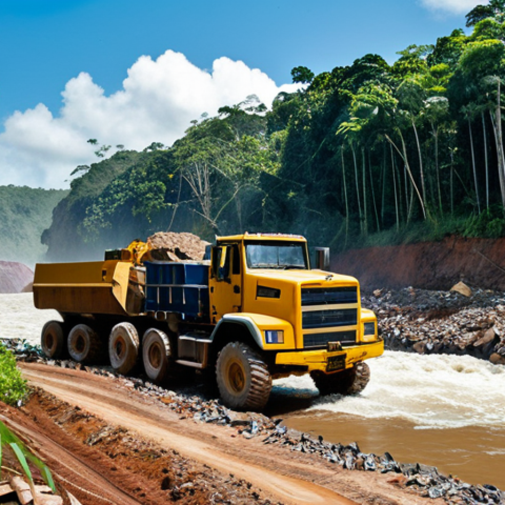 **

"A bustling gold mining operation in the Guyana rainforest. Fully clothed miners work machinery beside a river. In the background, dense green jungle and a clear blue sky. Safe for work, appropriate content, professional, perfect anatomy, natural proportions, high quality."

**