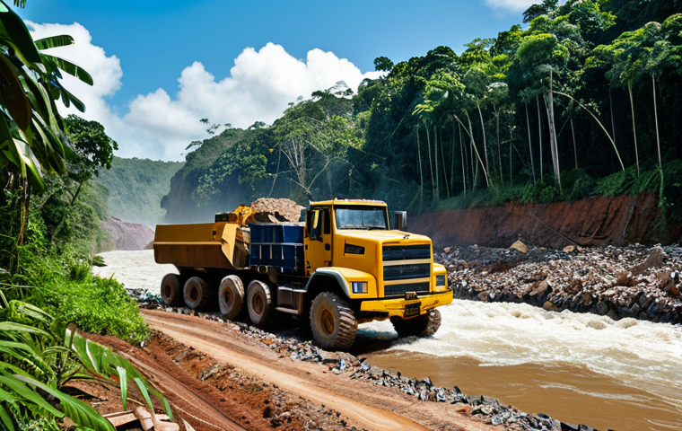 **

"A bustling gold mining operation in the Guyana rainforest. Fully clothed miners work machinery beside a river. In the background, dense green jungle and a clear blue sky. Safe for work, appropriate content, professional, perfect anatomy, natural proportions, high quality."

**