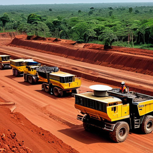 Home 10 **
"A wide shot of a modern bauxite mine in Guinea, West Africa, showing heavy machinery operating during the daytime. Workers are visible wearing safety vests and hard hats. The landscape includes red soil and lush vegetation in the distance. Fully clothed, appropriate content, safe for work, professional setting, perfect anatomy, natural proportions, family-friendly."
**