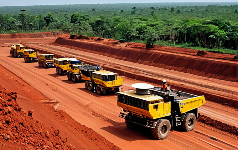 **

"A wide shot of a modern bauxite mine in Guinea, West Africa, showing heavy machinery operating during the daytime. Workers are visible wearing safety vests and hard hats. The landscape includes red soil and lush vegetation in the distance. Fully clothed, appropriate content, safe for work, professional setting, perfect anatomy, natural proportions, family-friendly."

**